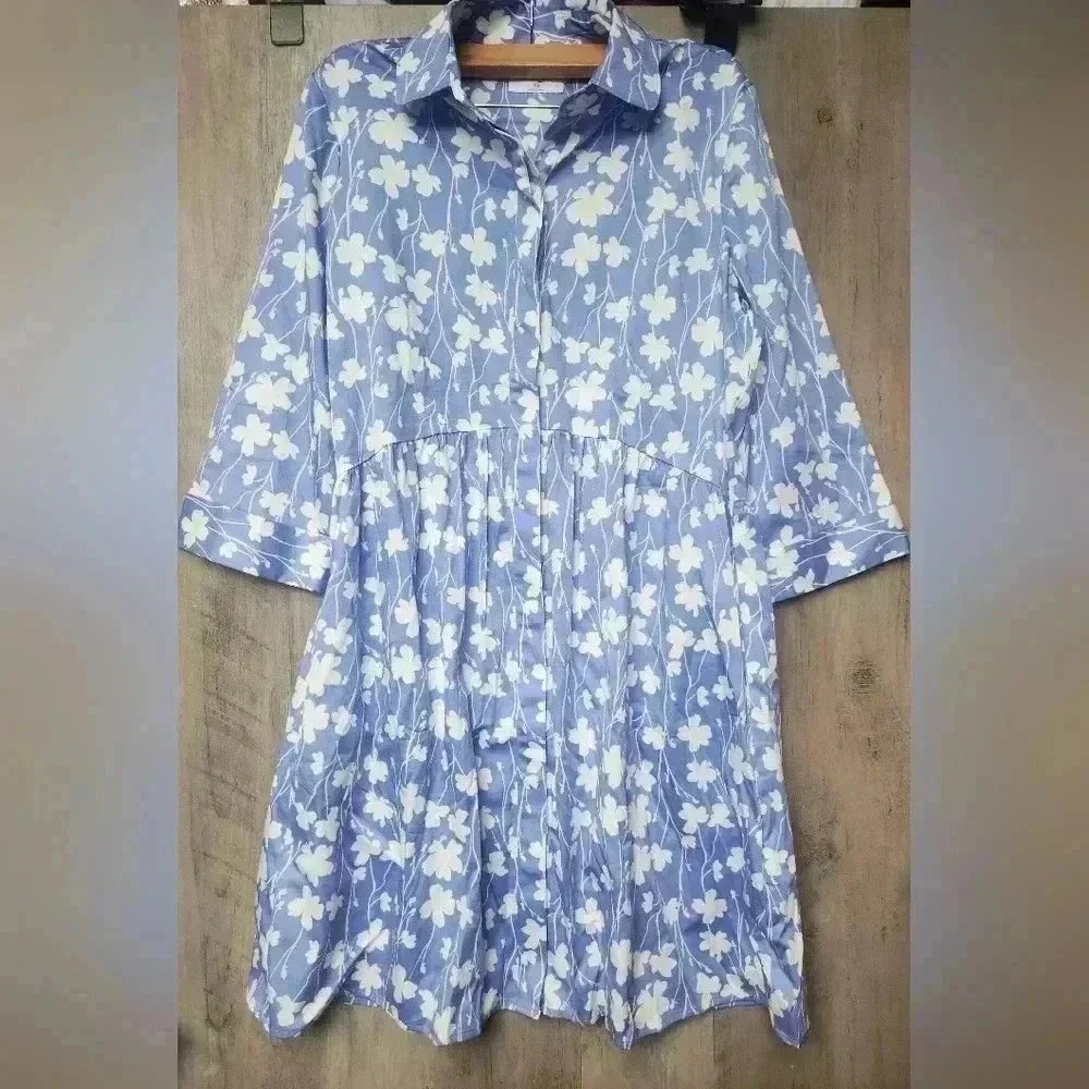 UNTUCKit Stretch Cotton Demi Shirt Dress Blue White Floral Size XS Women's - Picture 5 of 11